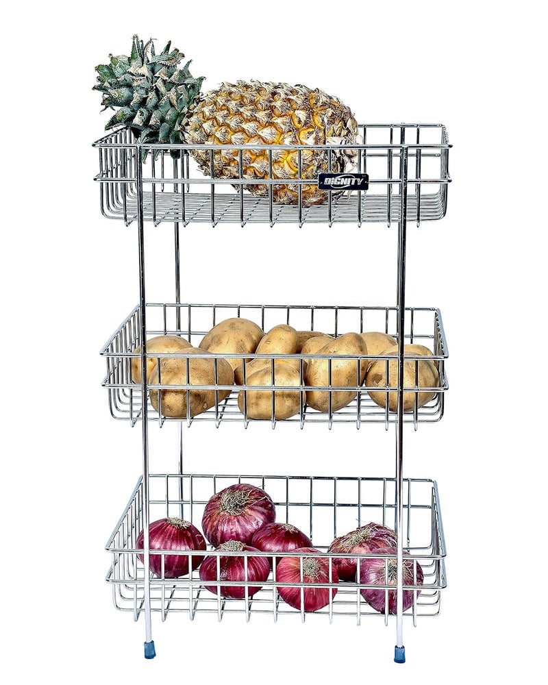 Dignity Stainless Steel 3Tier Fruits Vegetable Trolley Basket with Wheel Kitchen Crockery Storage Modular Rack Stand 3 Layer Multipurpose Kitchen Racks and Shelves Nano 3 Layer - Image 2