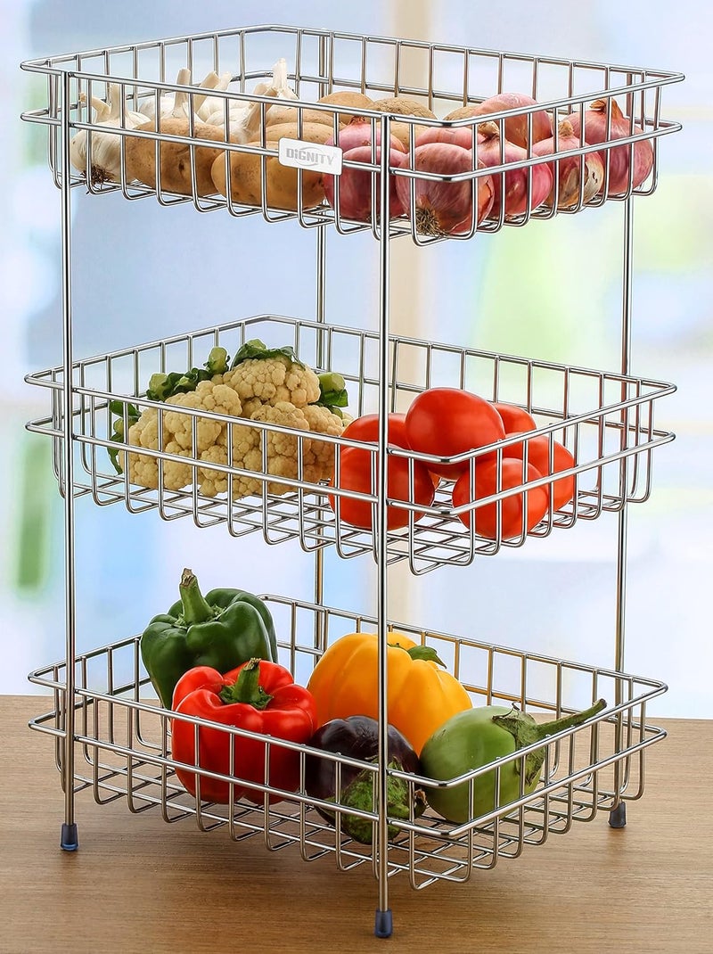 Dignity Stainless Steel 3Tier Fruits Vegetable Trolley Basket with Wheel Kitchen Crockery Storage Modular Rack Stand 3 Layer Multipurpose Kitchen Racks and Shelves Nano 3 Layer - Image 1