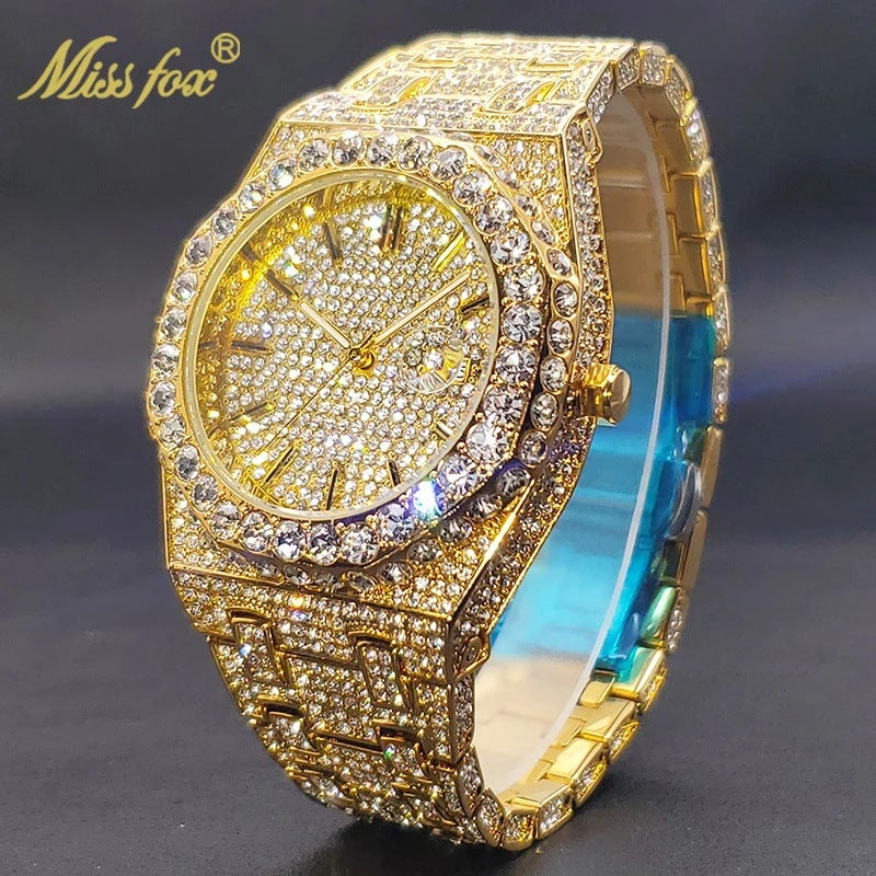 MISS FOX Men's Quartz Watch with Luminous Hands and Date Display Waterproof 43mm Octagonal Stainless Steel Case with Rhinestone Decor - Image 1