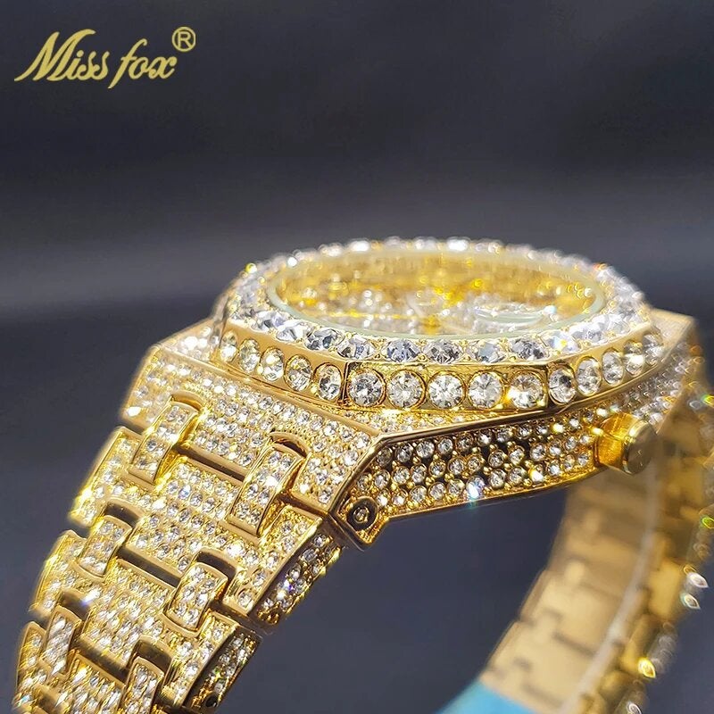 MISS FOX Men's Quartz Watch with Luminous Hands and Date Display Waterproof 43mm Octagonal Stainless Steel Case with Rhinestone Decor - Image 2