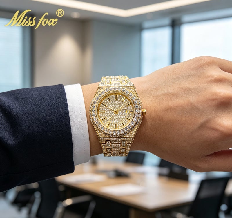 MISS FOX Men's Quartz Watch with Luminous Hands and Date Display Waterproof 43mm Octagonal Stainless Steel Case with Rhinestone Decor - Image 4