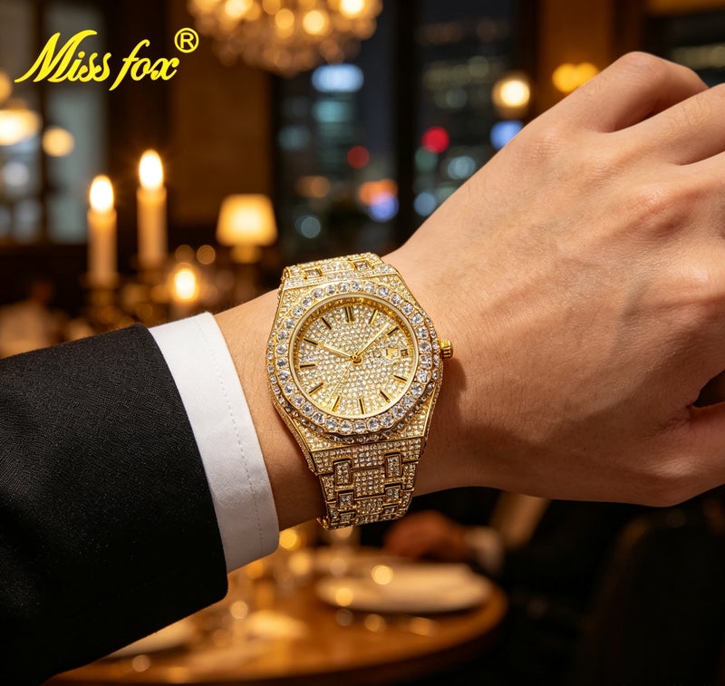 MISS FOX Men's Quartz Watch with Luminous Hands and Date Display Waterproof 43mm Octagonal Stainless Steel Case with Rhinestone Decor - Image 5