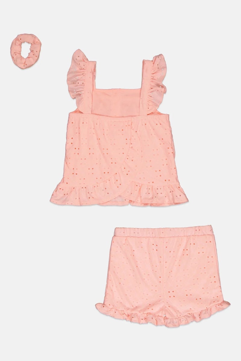 little lass Kids Girl 3 Pcs Eyelet Cap Sleeve Dress, Shorts And Scrunchie Set, Peach - Image 3