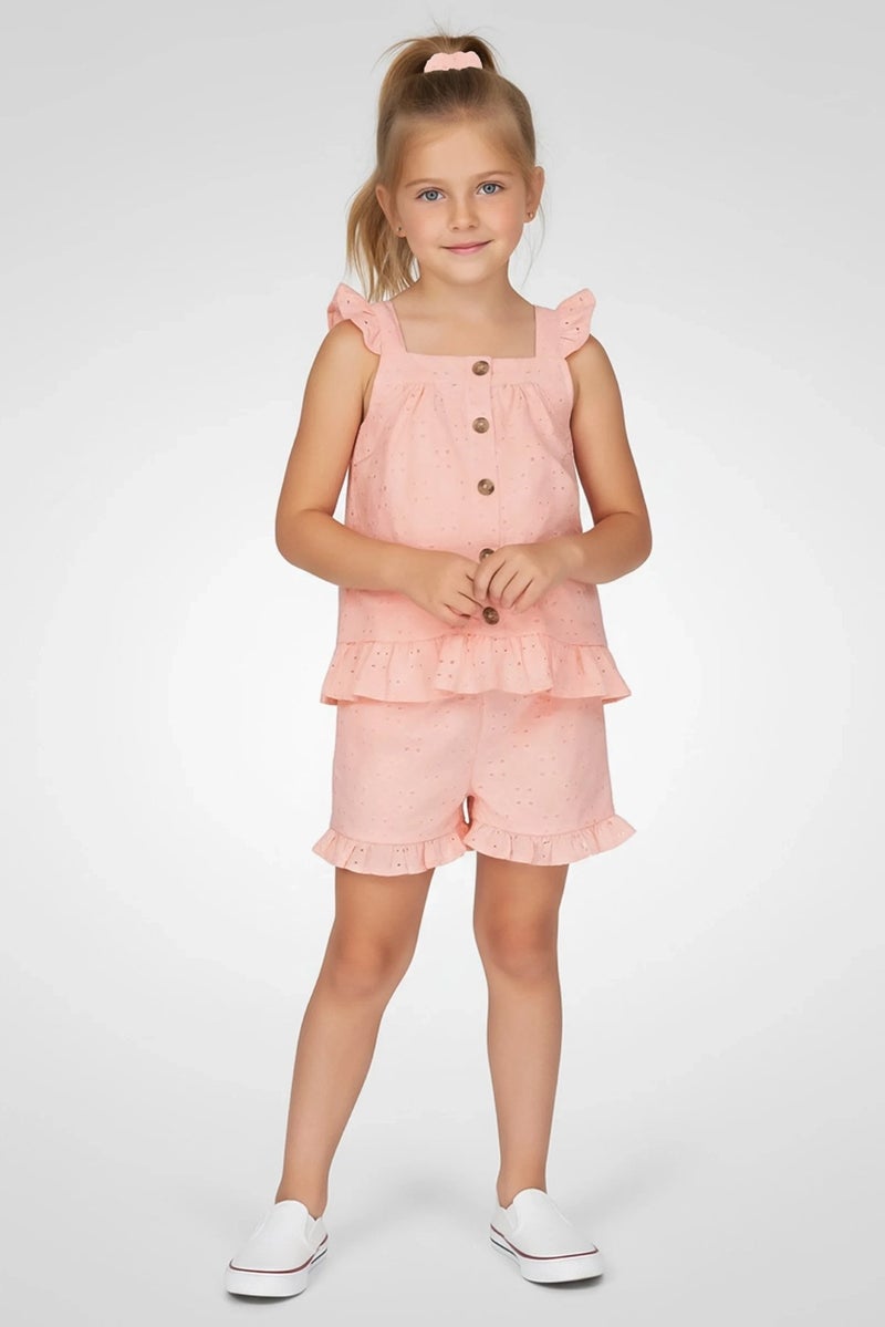 little lass Kids Girl 3 Pcs Eyelet Cap Sleeve Dress, Shorts And Scrunchie Set, Peach - Image 1