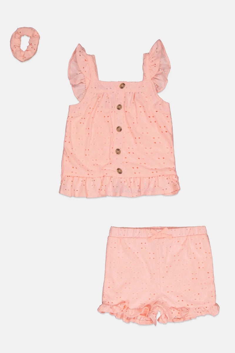 little lass Kids Girl 3 Pcs Eyelet Cap Sleeve Dress, Shorts And Scrunchie Set, Peach - Image 2