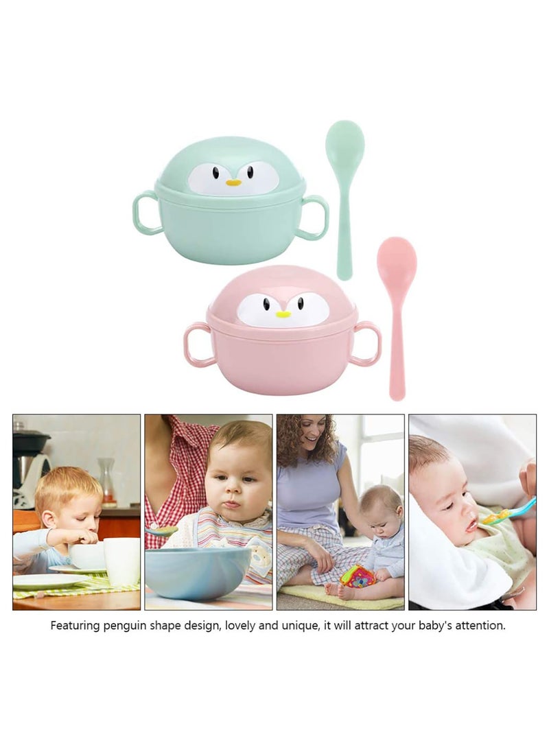 SYOSI - Baby Feeding Bowls with Spoons Stainless Steel Baby Bowl Penguin Baby Food Container Soup Snack Dinnerware with Handles for Infant Toddler Kids (Pink) - Image 1