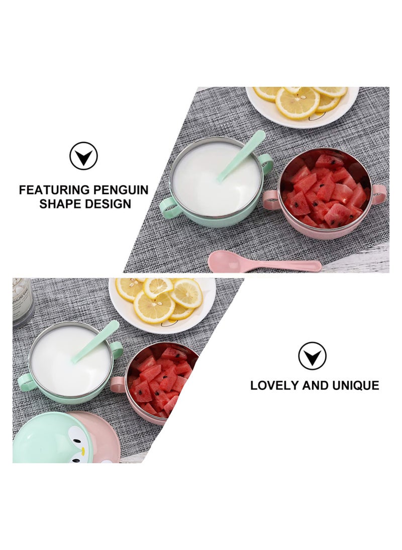SYOSI - Baby Feeding Bowls with Spoons Stainless Steel Baby Bowl Penguin Baby Food Container Soup Snack Dinnerware with Handles for Infant Toddler Kids (Pink) - Image 1
