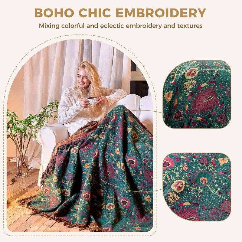 LUTBM Boho Throw Blanket for Bed - 100% Cotton Ultra Soft Rustic Quilt - Farmhouse Decor Bed Blankets,All Season Rustic Throw for Sofa Couch Chair (Flower-Dark Green, 80"×90") - Image 3