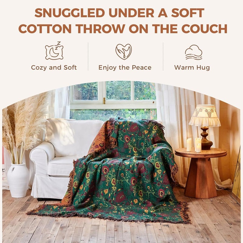 LUTBM Boho Throw Blanket for Bed - 100% Cotton Ultra Soft Rustic Quilt - Farmhouse Decor Bed Blankets,All Season Rustic Throw for Sofa Couch Chair (Flower-Dark Green, 80"×90") - Image 4