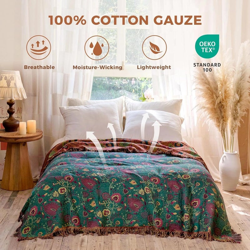 LUTBM Boho Throw Blanket for Bed - 100% Cotton Ultra Soft Rustic Quilt - Farmhouse Decor Bed Blankets,All Season Rustic Throw for Sofa Couch Chair (Flower-Dark Green, 80"×90") - Image 2