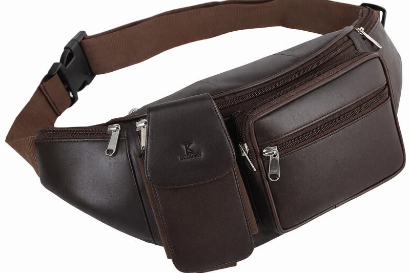 K London Genuine Leather Waist Bag for Men & Women | Brown Travel Pouch, Passport Holder & Belt Bag | Multi Pocket Fanny Pack with Adjustable Strap | Stylish Crossbody Utility Bag (1276_BRN) - Image 2
