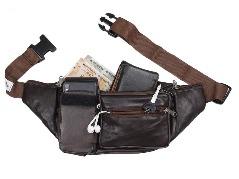 K London Genuine Leather Waist Bag for Men & Women | Brown Travel Pouch, Passport Holder & Belt Bag | Multi Pocket Fanny Pack with Adjustable Strap | Stylish Crossbody Utility Bag (1276_BRN) - Image 4