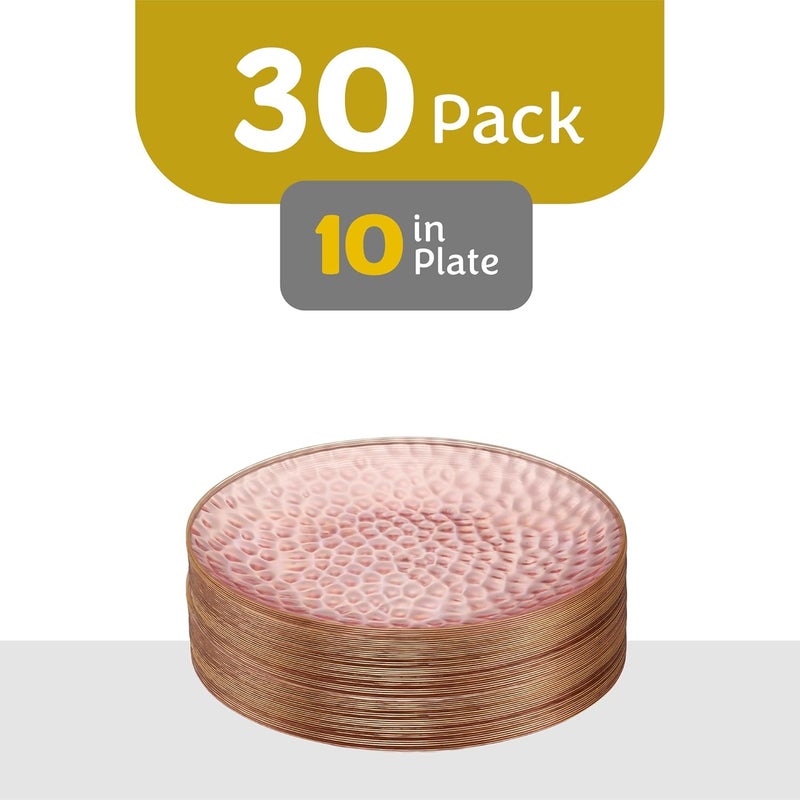 PLASTICPRO 30 Pack Hammered Plastic Plates Heavyweight Disposable Plastic Plates Elegant Clear Platsic Party Dishes (Hammered Pink With Gold Rim, 10'' INCH PLATES) - Image 4