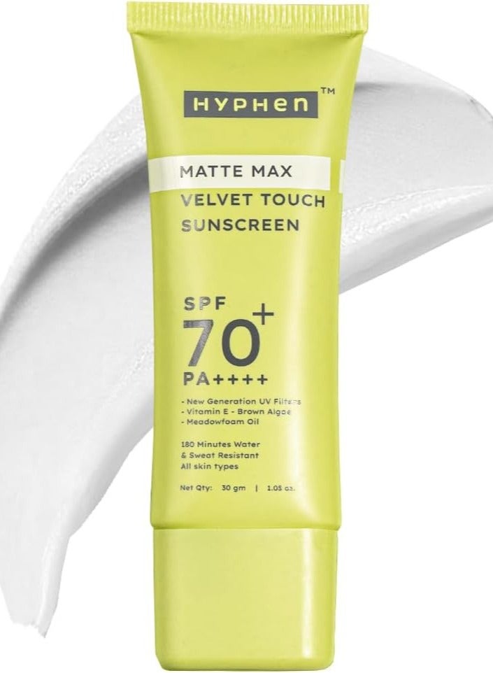 Hyphen Matte Max Velvet Touch Sunscreen Spf 70+ Pa++++|Sun Protection|Sun Shield|Moisturizes And Soothes Skin|12 Hrs Uva-Uvb Protection|Sunscreen Spf No White Cast, Combination & All Skin Types-30G - Image 1