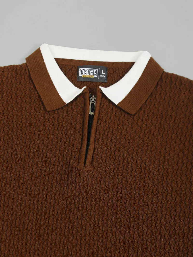 Maniac  Maniac Mens Textured Half Slevee Polo Neck Brown Cotton Polo T-Shirt for Men | Best Price UAE