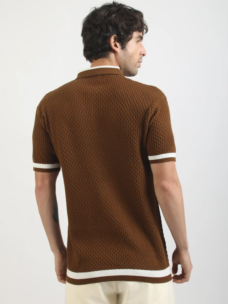Maniac  Maniac Mens Textured Half Slevee Polo Neck Brown Cotton Polo T-Shirt for Men | Best Price UAE