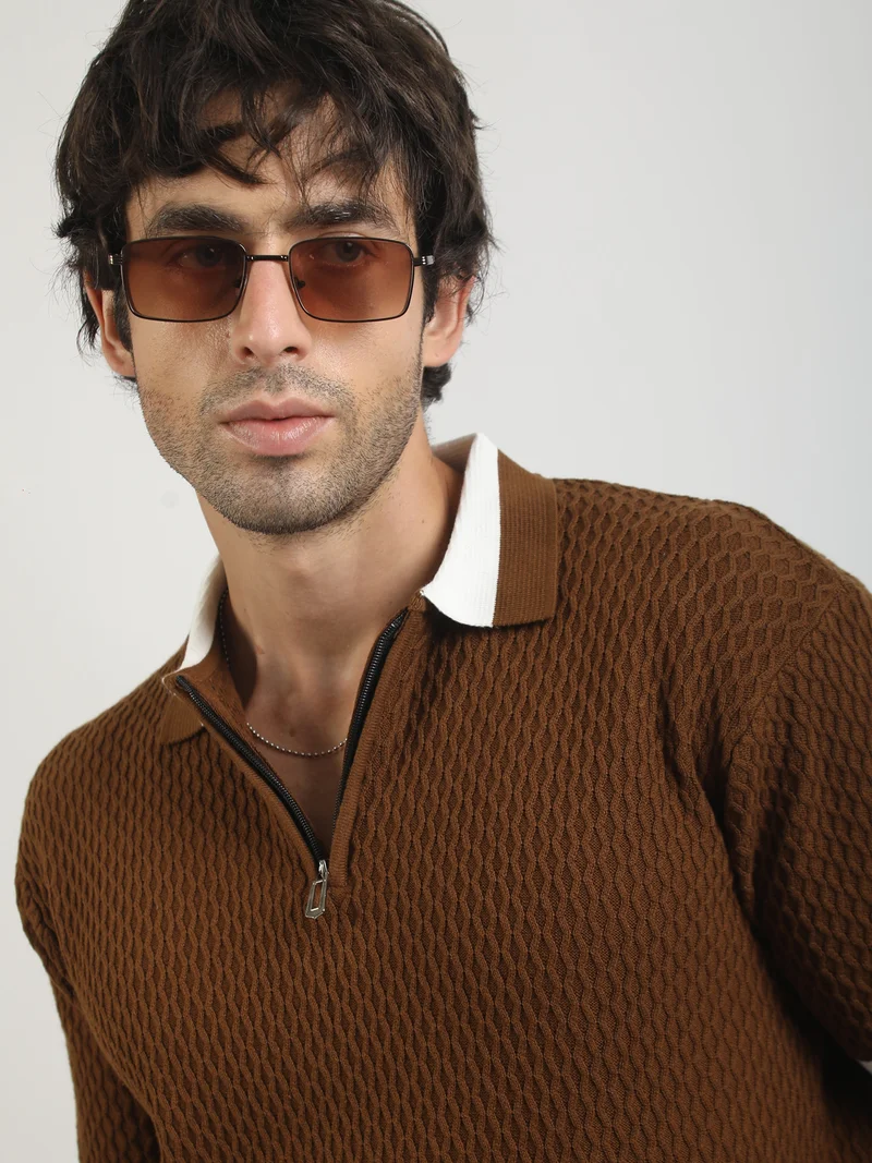 Maniac  Maniac Mens Textured Half Slevee Polo Neck Brown Cotton Polo T-Shirt for Men | Best Price UAE