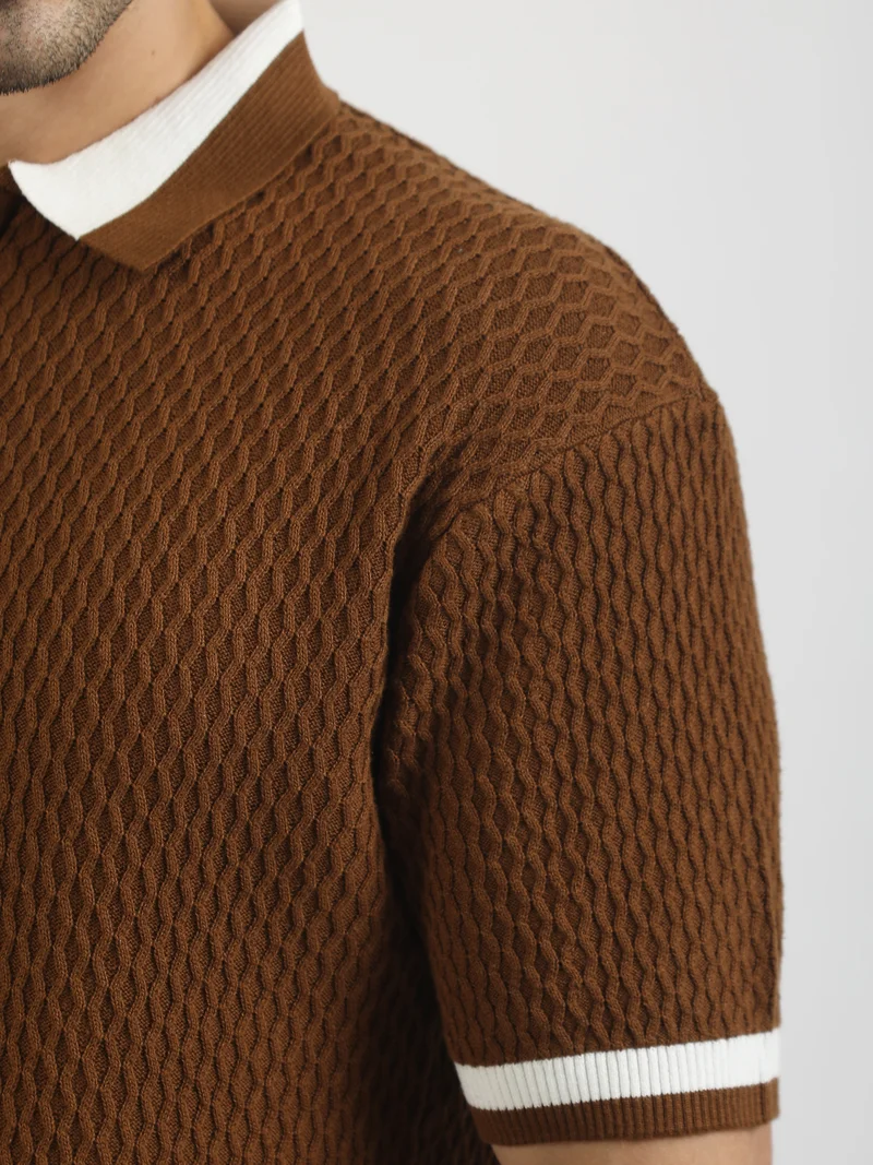 Maniac  Maniac Mens Textured Half Slevee Polo Neck Brown Cotton Polo T-Shirt for Men | Best Price UAE