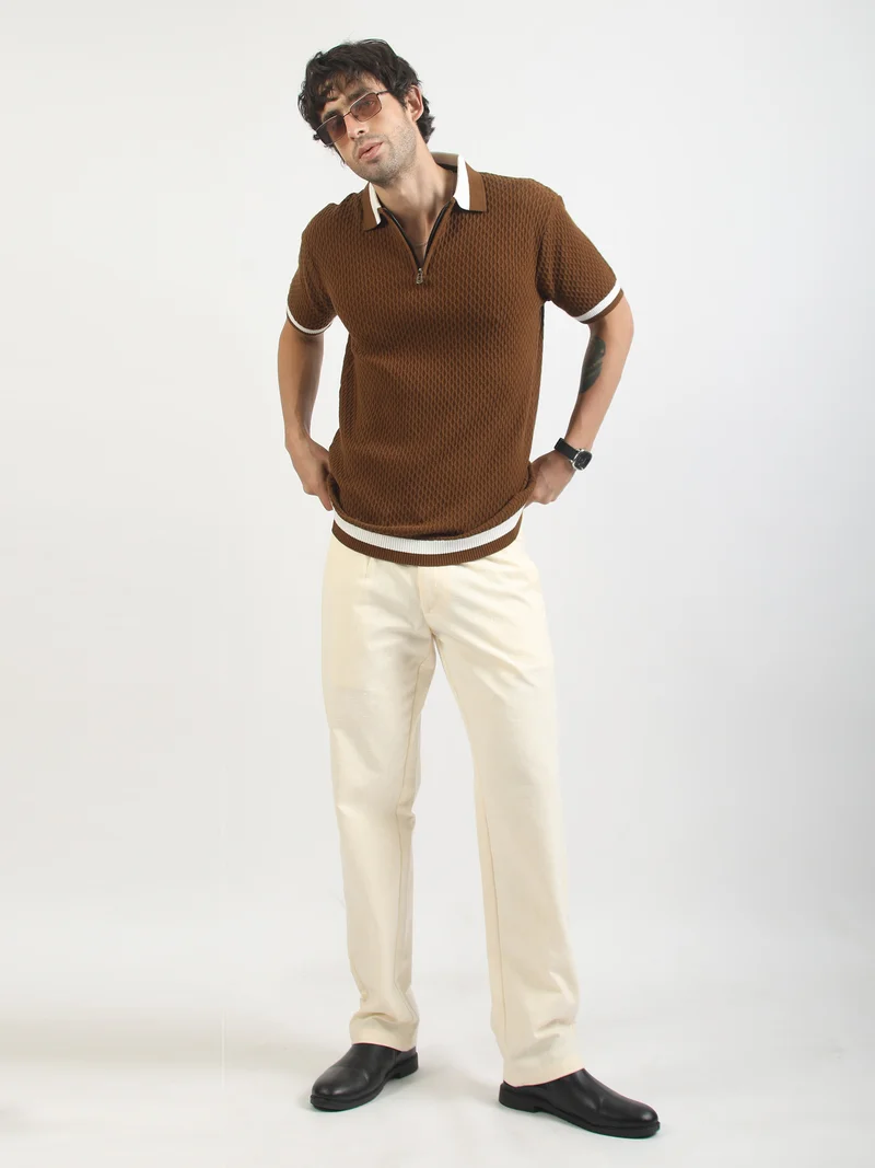 Maniac  Maniac Mens Textured Half Slevee Polo Neck Brown Cotton Polo T-Shirt for Men | Best Price UAE