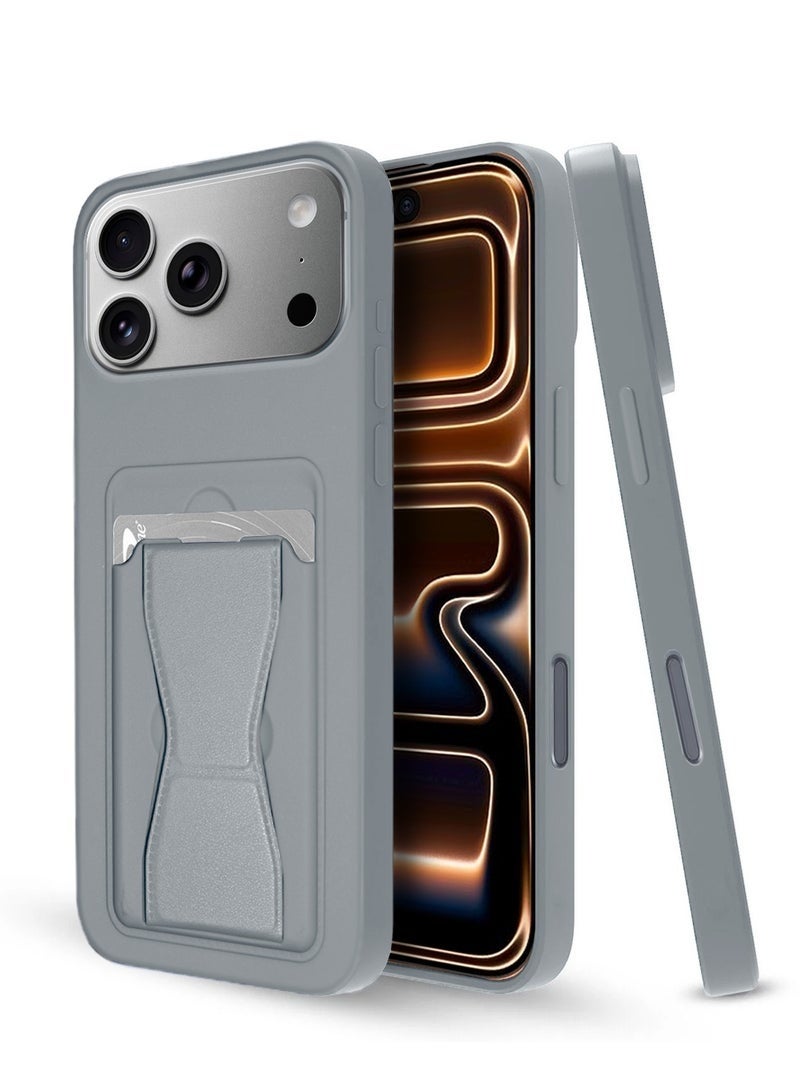 ELTRAZONE iPhone 17 Pro Max 5G 2025 Silicone TPU Card Holder with Hand Grip Case | Slim Shockproof Wallet Cover with Kickstand Grip Strap & Protective Back Pocket (MCHPSN) – Grey - Image 1