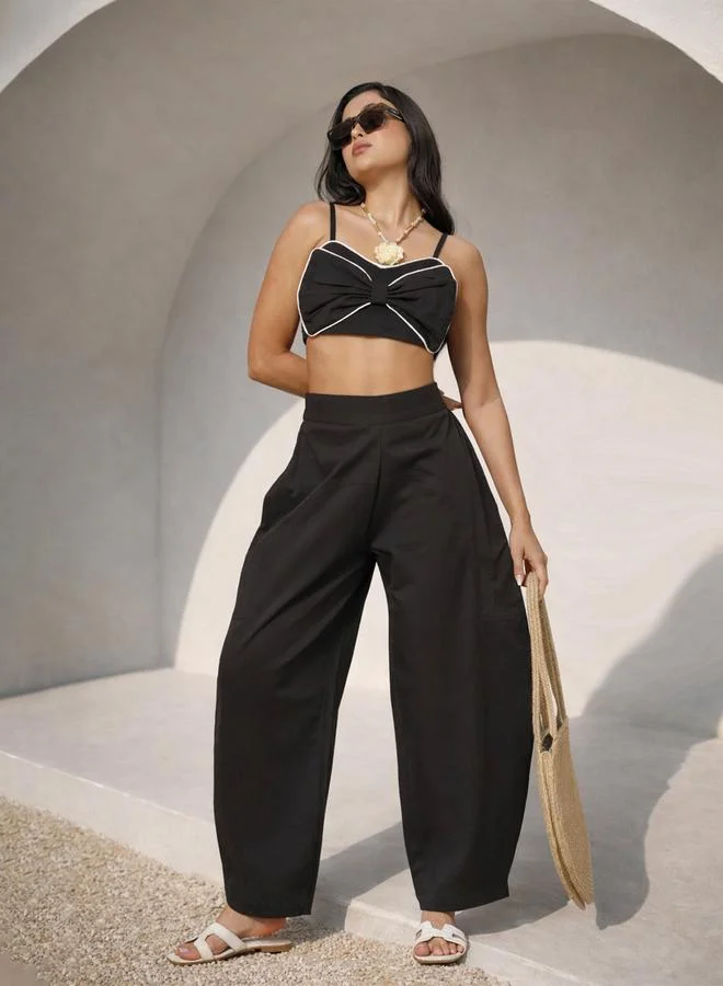 Sassafras Black Bow Detail Strappy Top and Balloon Pants Set