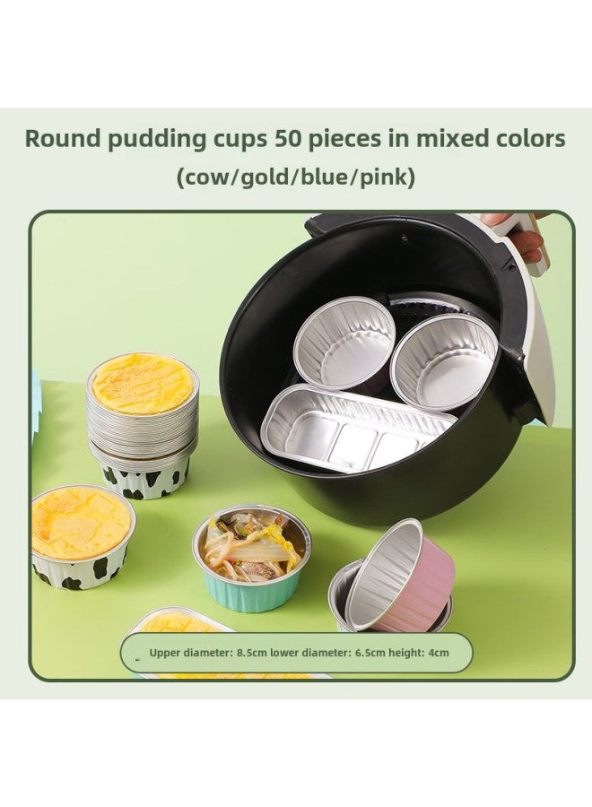 Food Grade Thickened Tin Paper Box Pudding Cup Disposable Commercial High Temperature Resistant Air Fryer Special Aluminum Foil Cup Wholesale-Specifications:Round Pudding Cups, 50 Pieces In Mixed Colors (cow/gold/blue/pink) - Image 1