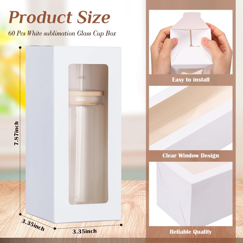 FillTouch 60 Pcs Gift Boxes with Ribbon for Sublimation Glass Exhibition Transparent Tumbler Gift Boxes for 12oz 16oz 20oz Glass Jar Shipping Packaging(White) - Image 2
