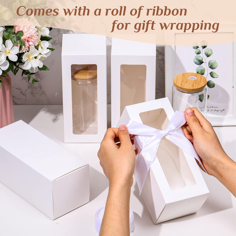 FillTouch 60 Pcs Gift Boxes with Ribbon for Sublimation Glass Exhibition Transparent Tumbler Gift Boxes for 12oz 16oz 20oz Glass Jar Shipping Packaging(White) - Image 4