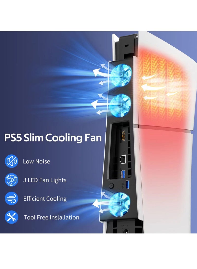 Cooling Fan for PS5 Slim Console PS5 Slim Cooler with 3 Upgraded Silent Fans and Controller USB 3.0 Port for Digital/CD Version - Image 2