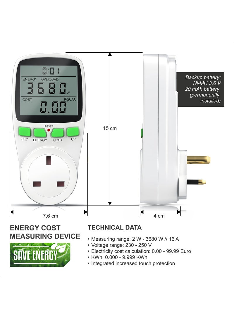 KASTWAVE Power Meter Energy Monitor UK Plug, Watt Meter Power Consumption Analyzer with LCD Display, Energy Monitor, Overload Protection Voltage Amps KWH Analyzer for Home Appliances - Image 5