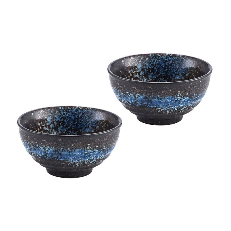 Retro Ceramic Rice Noodle Bowls Set of 2 Navy Stoneware Soup Salad Bowls - Image 2