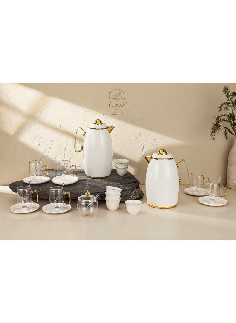 Fursan Luxury Vacuum Flask Set – 1L + 0.7L Metal Flask with 27PCS Porcelain & Borosilicate Glass Tea Set | Arabic Coffee & Tea Serving Set
