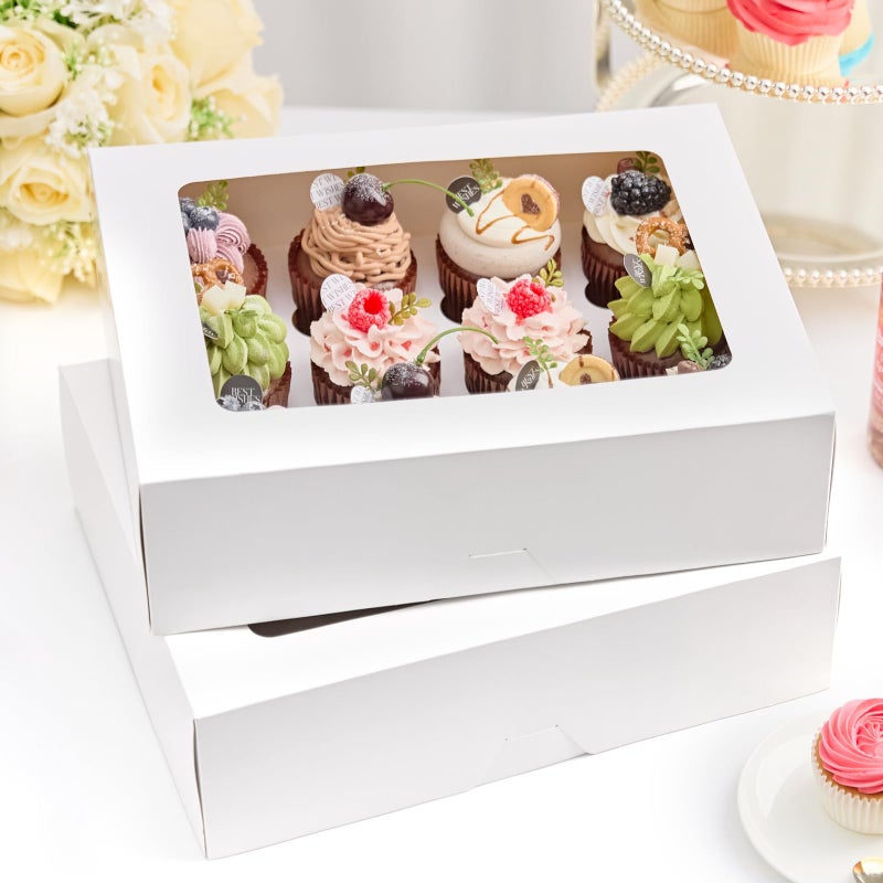 Kucoele 12 Count Cupcake Boxes, 2 Pack White Cupcake Containers with Windows and Inserts, Disposable Cupcake Carriers for Muffins, Treats, Pastries, 13 x 10 x 4 Inches - Image 4