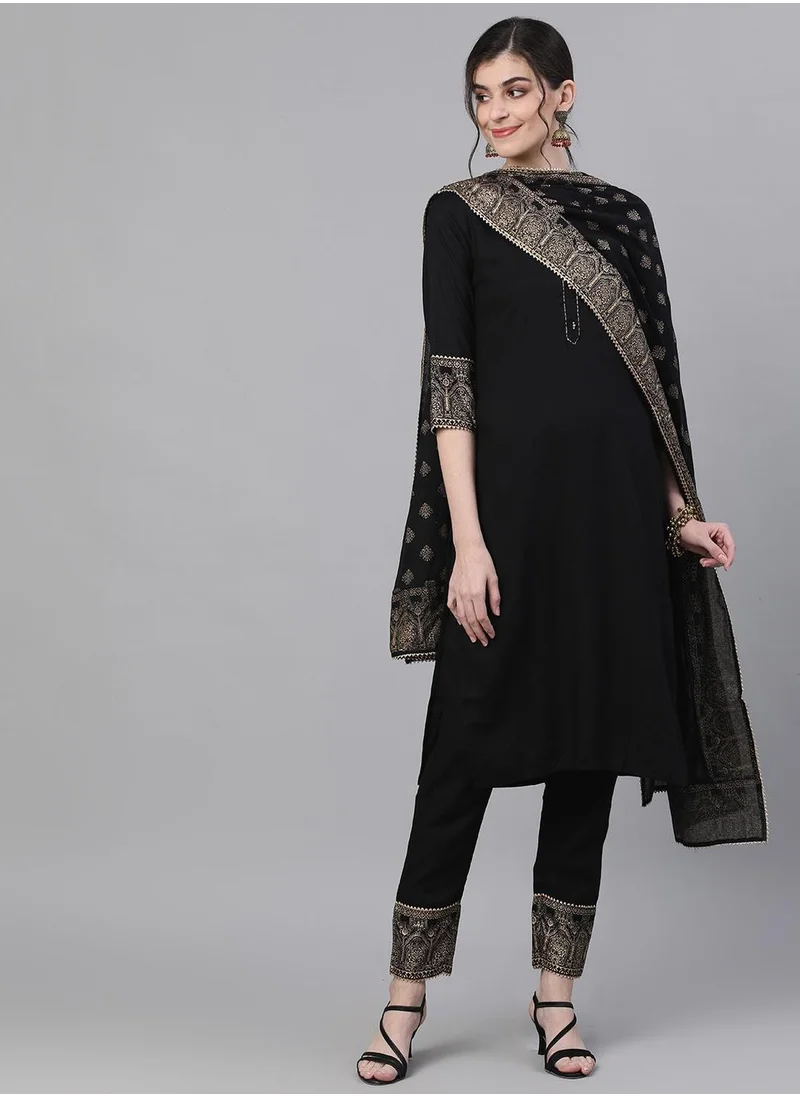 ISHIN Women's Black Rayon Embellished Tunic Full Length Casual Straight Fit Kurta Set