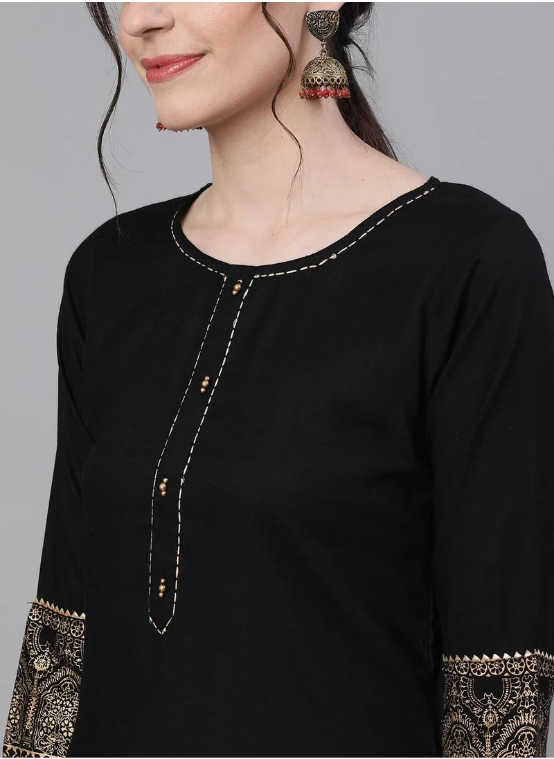 ISHIN Women's Black Rayon Embellished Tunic Full Length Casual Straight Fit Kurta Set