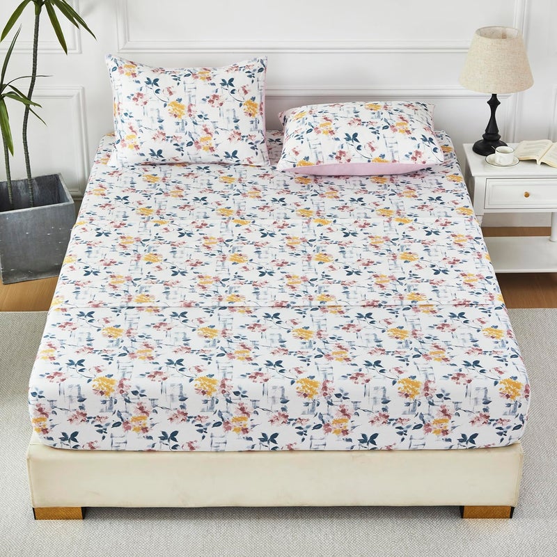 URBONUR Vintage Floral Printed Sheet Set Queen Size, 4-Piece - 100% Egyptian Cotton Sateen, Deep Pocket Cooling & Breathable Bedsheets - Purple Yellow Wildflowers Pattern, Soft Silky Bedding - Image 2