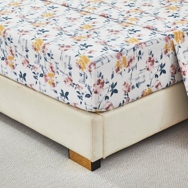 URBONUR Vintage Floral Printed Sheet Set Queen Size, 4-Piece - 100% Egyptian Cotton Sateen, Deep Pocket Cooling & Breathable Bedsheets - Purple Yellow Wildflowers Pattern, Soft Silky Bedding - Image 5