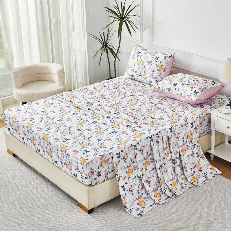 URBONUR Vintage Floral Printed Sheet Set Queen Size, 4-Piece - 100% Egyptian Cotton Sateen, Deep Pocket Cooling & Breathable Bedsheets - Purple Yellow Wildflowers Pattern, Soft Silky Bedding - Image 3