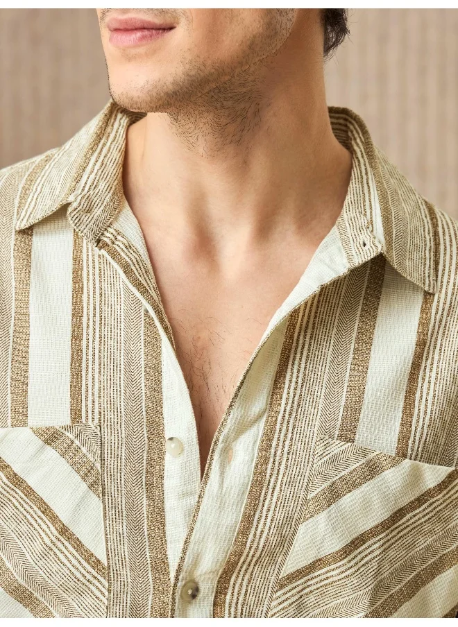 Beyoung White and Brown Striped Urban Shirt for Men