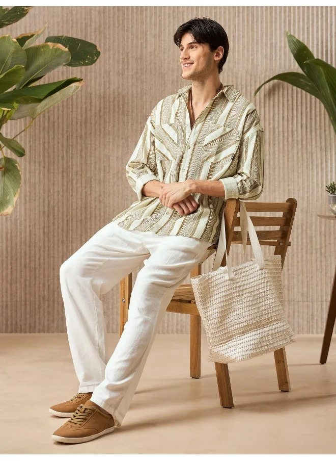Beyoung White and Brown Striped Urban Shirt for Men