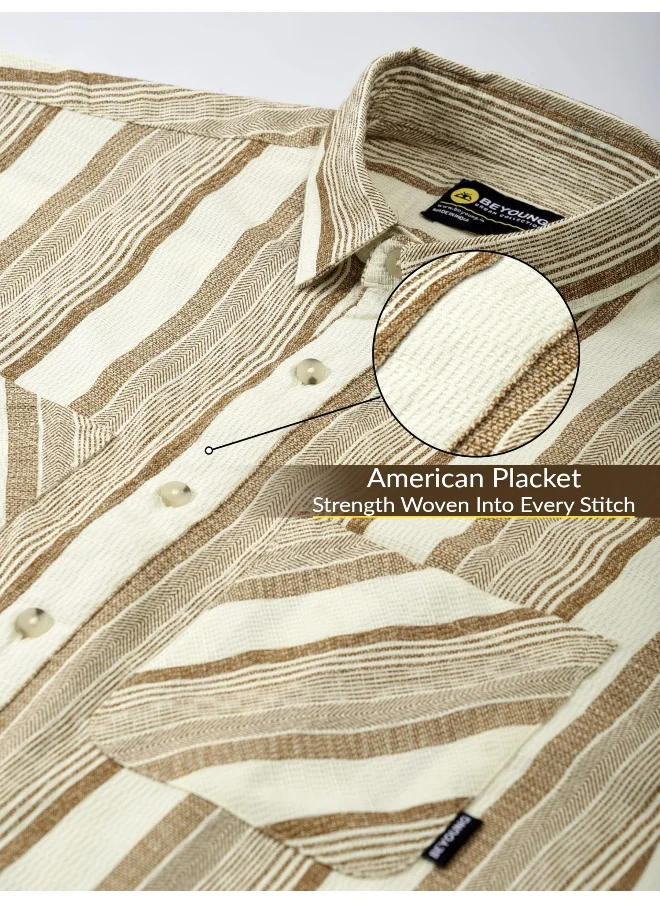 Beyoung White and Brown Striped Urban Shirt for Men