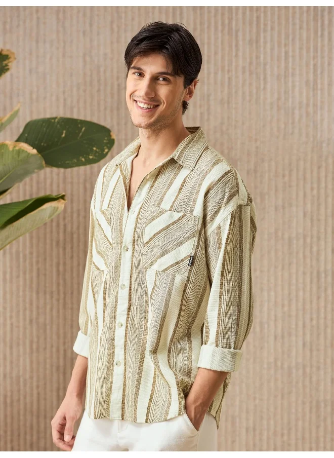 Beyoung White and Brown Striped Urban Shirt for Men