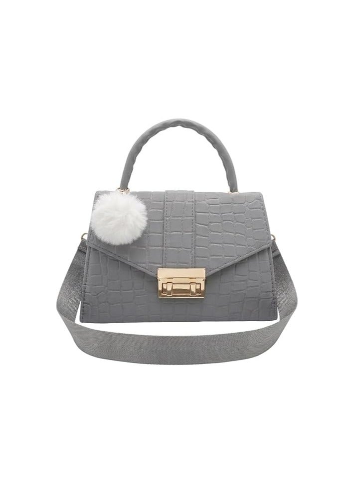 Women's Handbag, Crossbody Bag,Crocodile Pattern, with Furry Pompon and Gold Buckle (Gray)