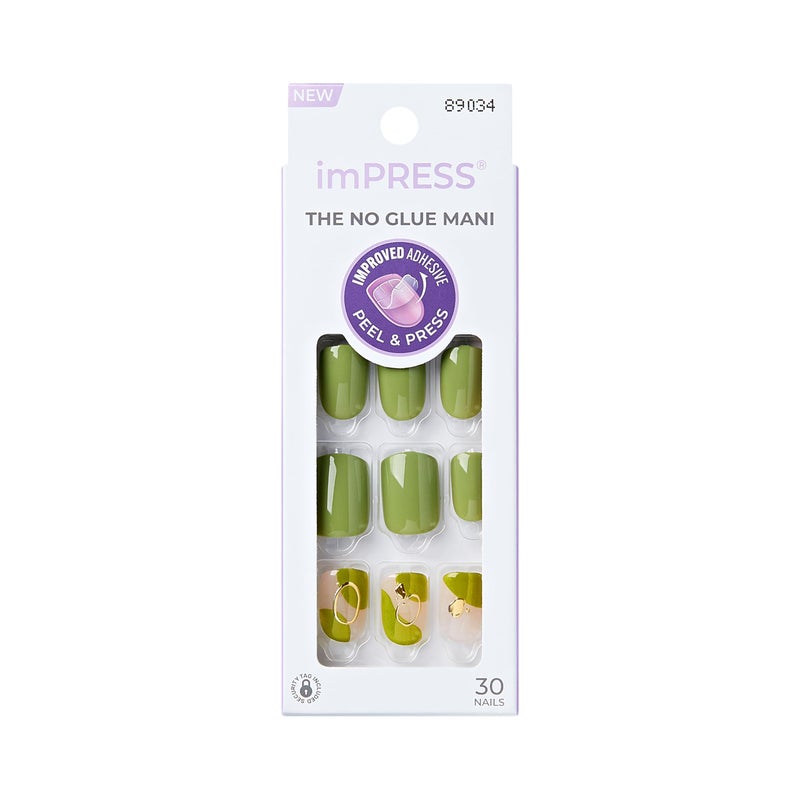 Impress KISS imPRESS No Glue Mani Press On Nails, Design, 'Before Sunrise', Green, Short Size, Squoval Shape, Includes 30 Nails, Prep Pad, Instructions Sheet, 1 Manicure Stick, 1 Mini File - Image 1