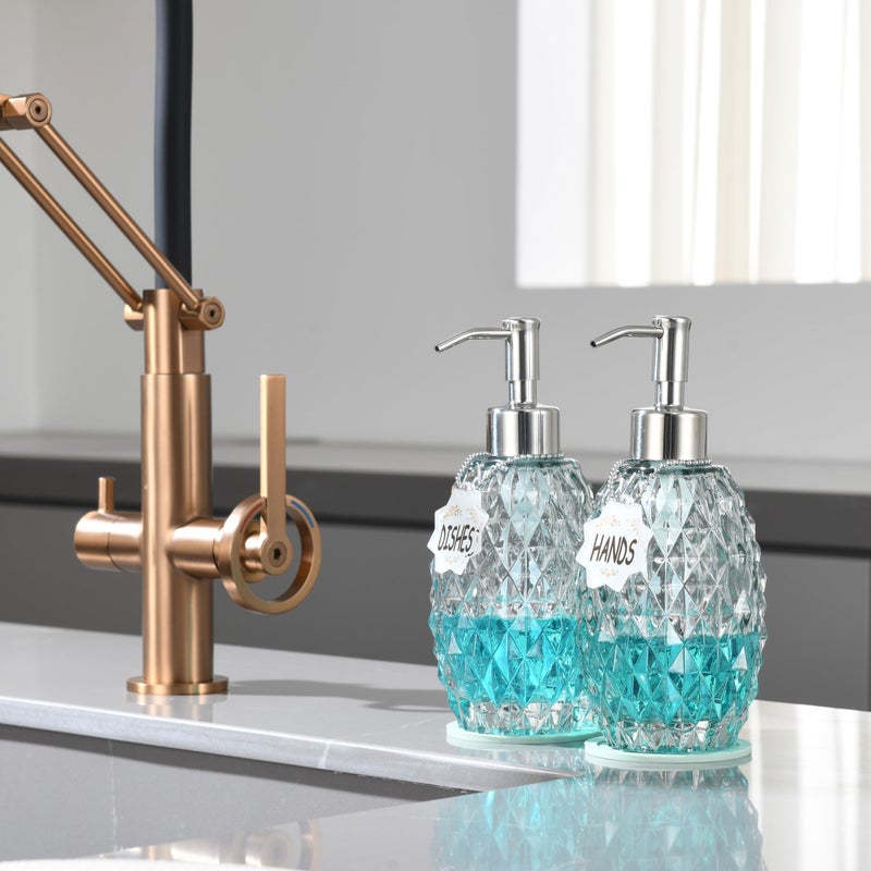 MALACHI Soap Dispenser Set, Crystal-Textured Diamond Glass with Rustproof Stainless Steel Pump, Dual-Labelled Hand & Dish Soap Dispenser for Kitchen & Bathroom - Image 5