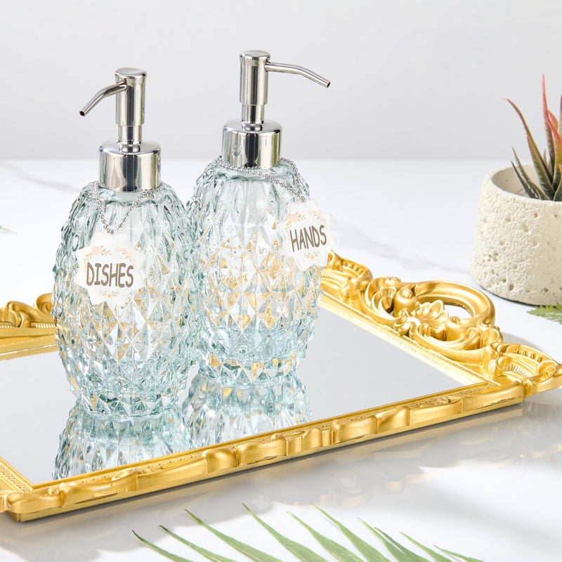 MALACHI Soap Dispenser Set, Crystal-Textured Diamond Glass with Rustproof Stainless Steel Pump, Dual-Labelled Hand & Dish Soap Dispenser for Kitchen & Bathroom - Image 3