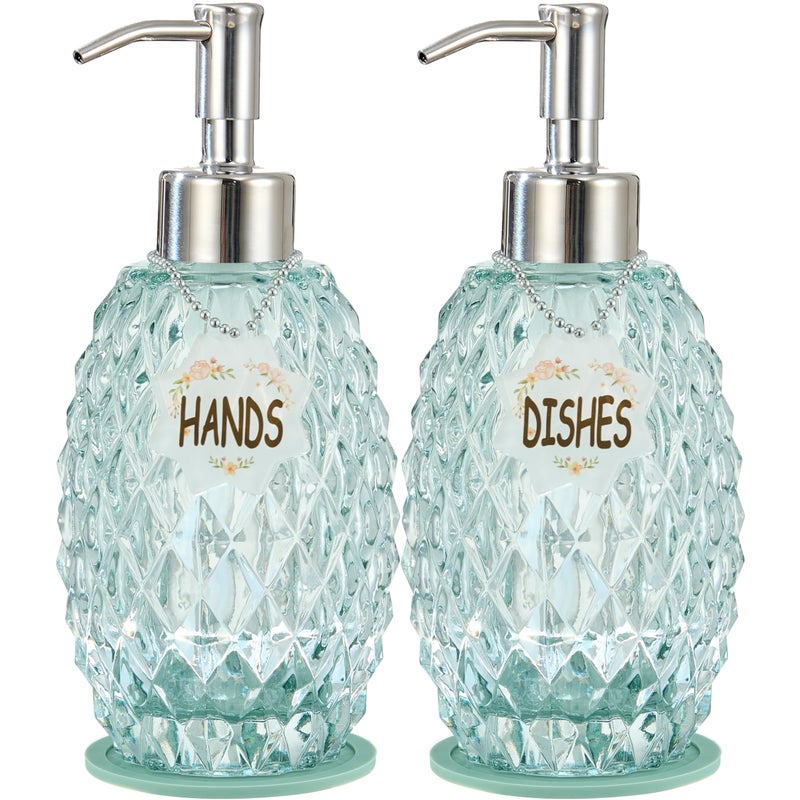 MALACHI Soap Dispenser Set, Crystal-Textured Diamond Glass with Rustproof Stainless Steel Pump, Dual-Labelled Hand & Dish Soap Dispenser for Kitchen & Bathroom - Image 1