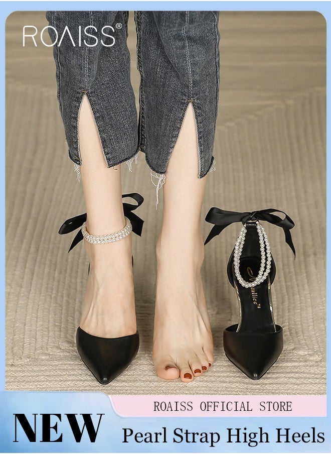 roaiss - Women High Heels with Pearl Strap Pointed Toe Shallow Design Fashionable and Versatile for Daily Commuting - Image 1