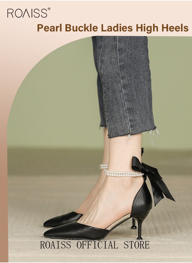 roaiss - Women High Heels with Pearl Strap Pointed Toe Shallow Design Fashionable and Versatile for Daily Commuting - Image 1