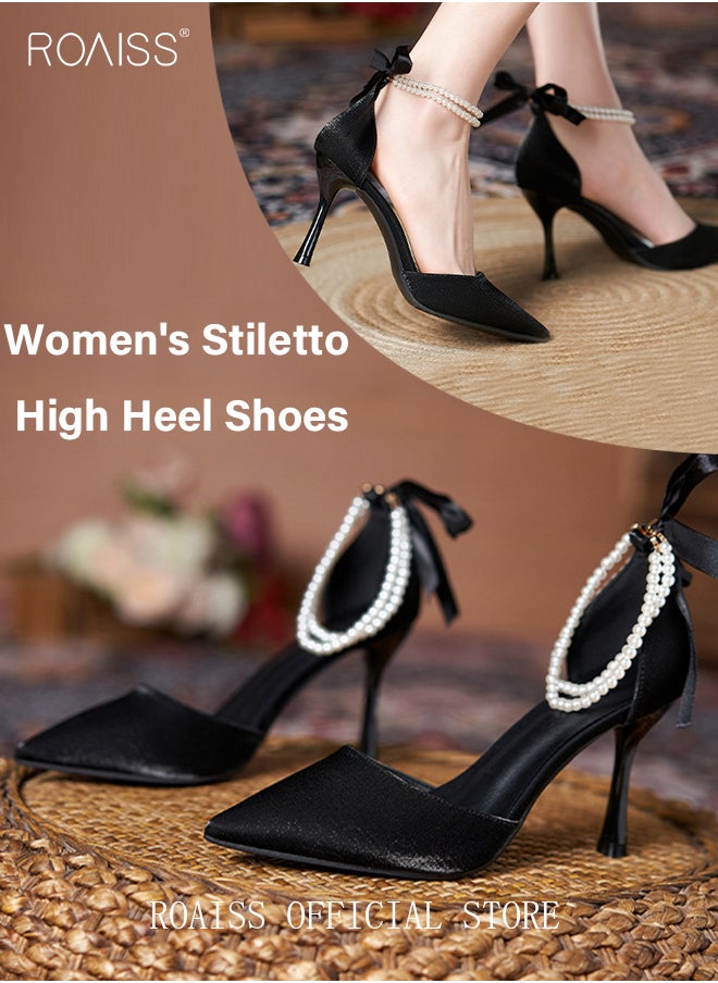 roaiss - Women High Heels with Pearl Strap Pointed Toe Shallow Design Fashionable and Versatile for Daily Commuting - Image 1